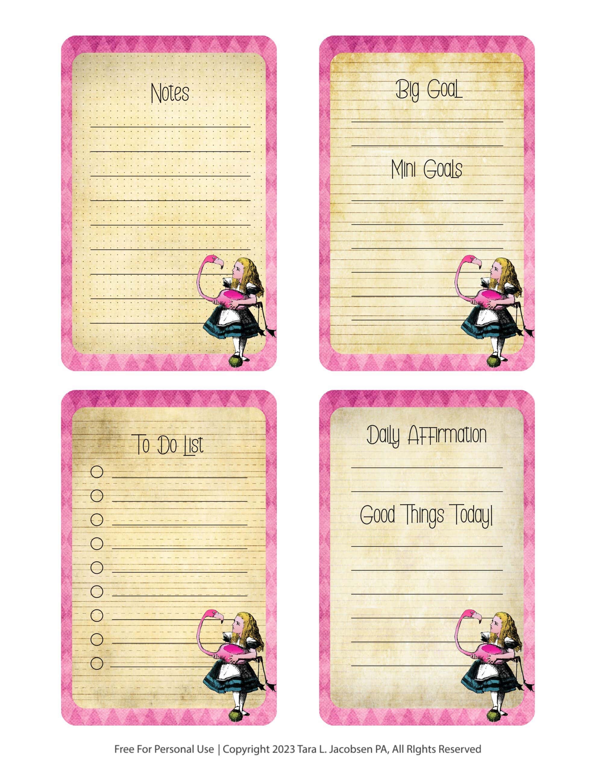 Alice In Wonderland Planner Journal Cards Free Printable Marketing