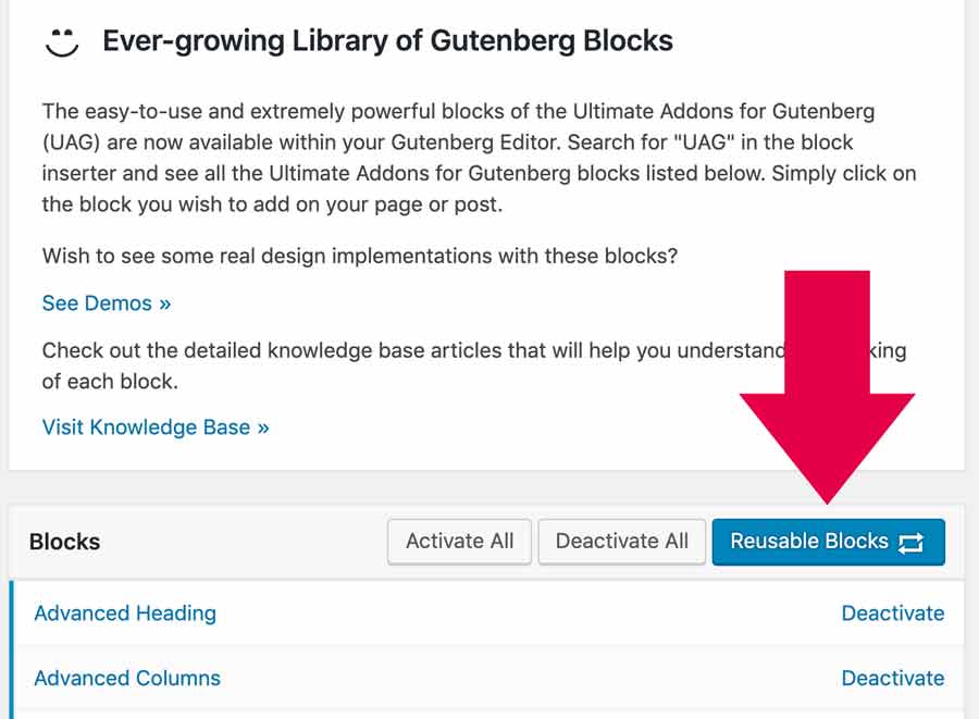 Shows where the UAG reusable blocks are. Settings > UAG > Reusable Blocks. 