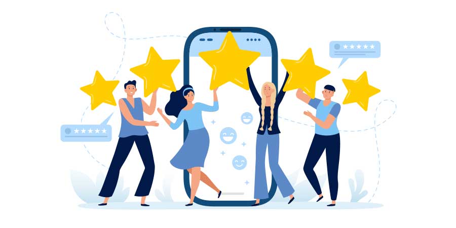 Just in time learning image of happy people with 5 stars