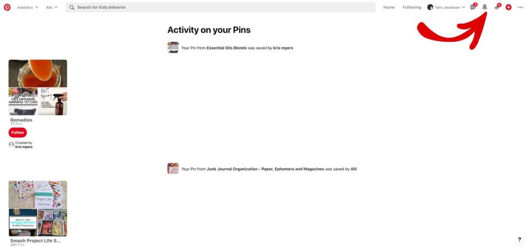 Pinterest activity bell
