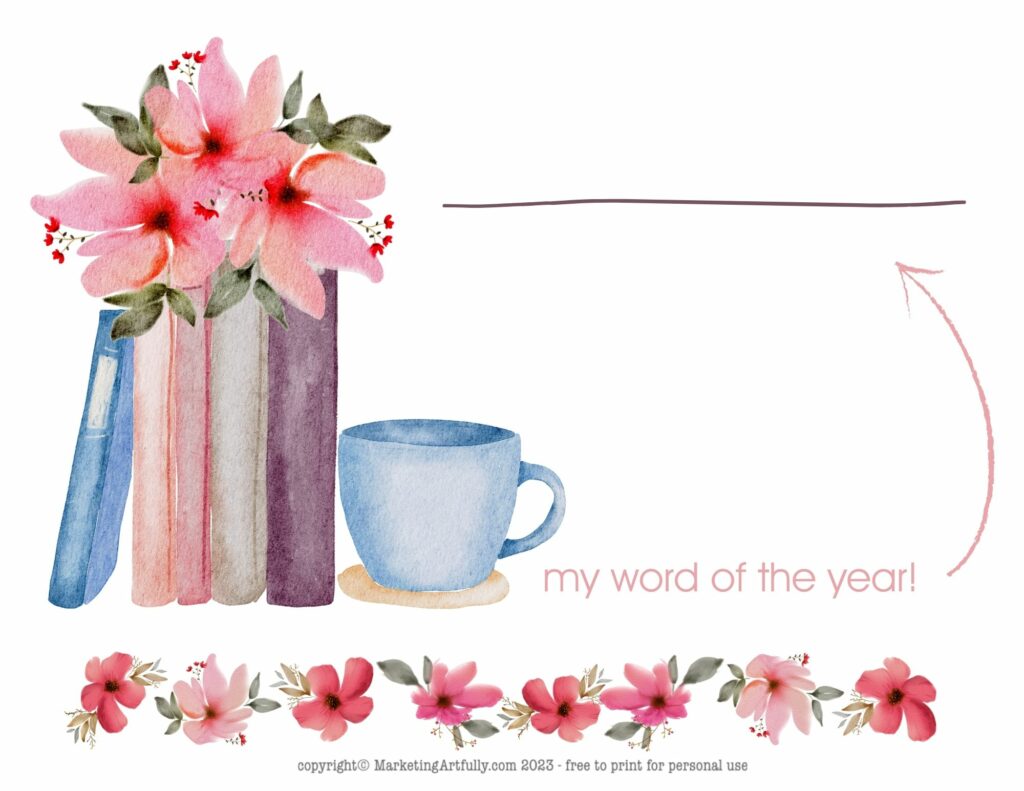 Pretty Watercolor Books and Flowers - Printable Word of the Year for Writers