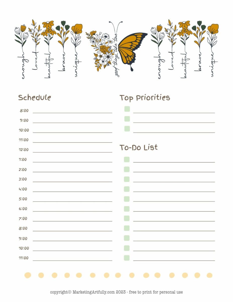Good Things Take Time (Butterfly) – Free Printable Motivational Planner – Marketing Artfully