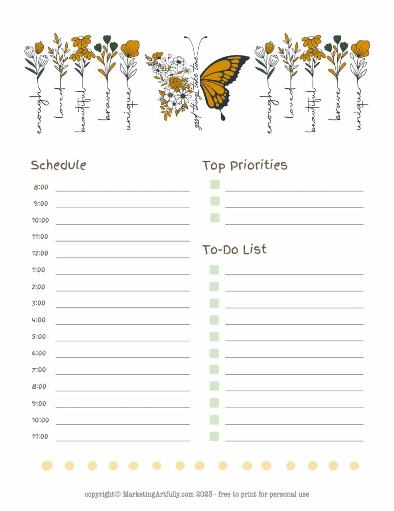 Beautiful Butterfly Free Motivational Planner Page