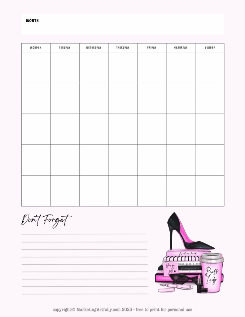 Boss Lady Free Printable Monthly Planner Page - Motivational & Inspirational