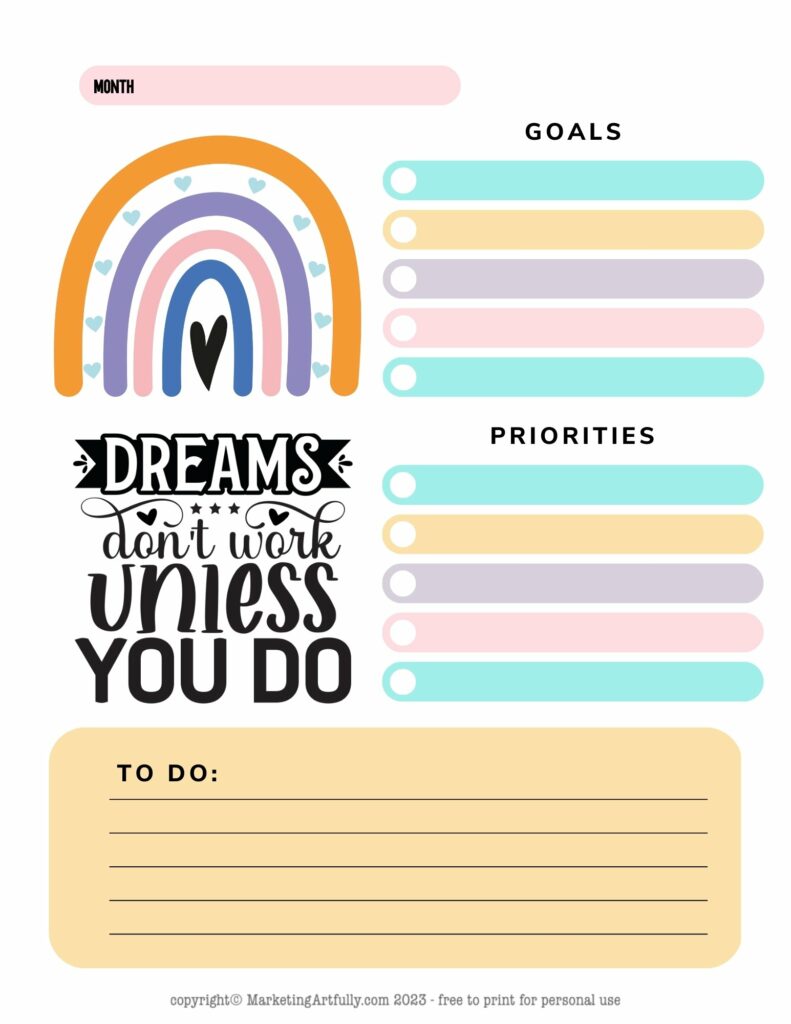 Dreams Don't Work Unless You Do Monthly Planner Page - Free Printable