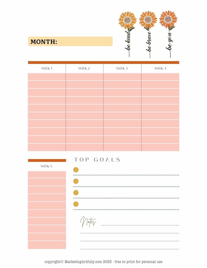 Be Kind, Be Brave, Be You Free Monthly Planner Printable