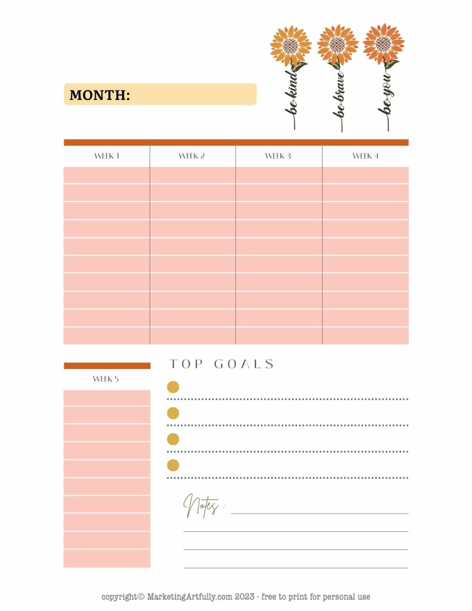 Motivation Planner Layout Free Monthly Motivational Planner Printables