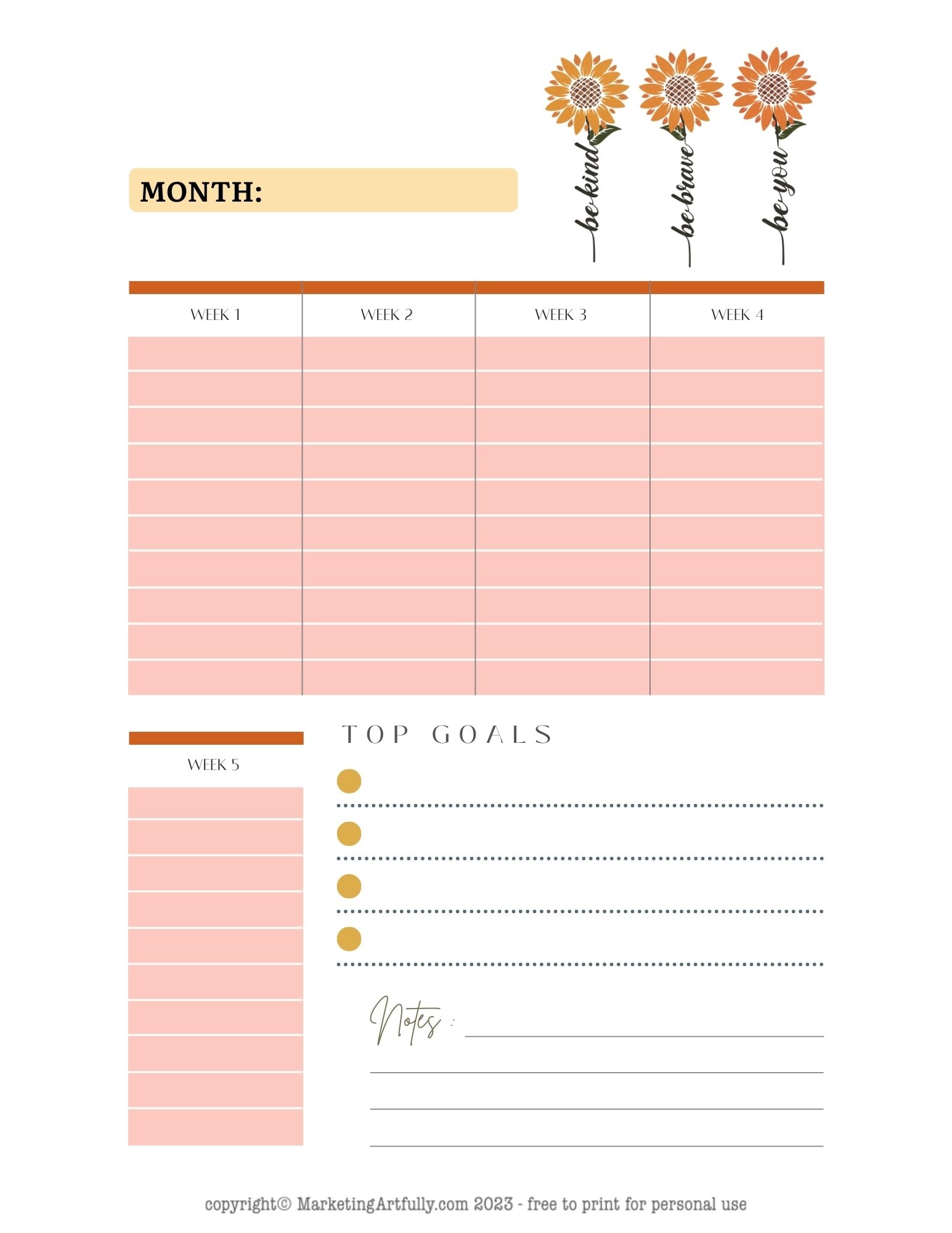 Free Monthly Motivational Planner Printables – Marketing Artfully