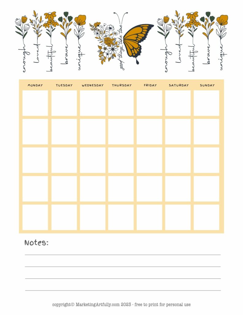 Free Printable Butterfly Monthly Planner Page