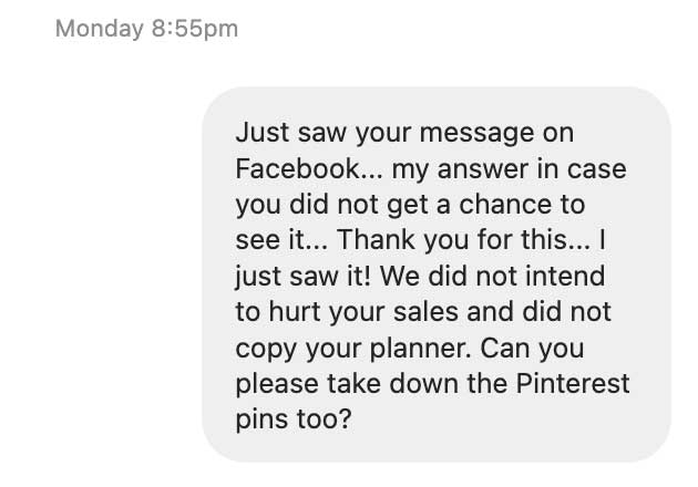 Nice message to my troll showing I asked nicely for her to remove her pins