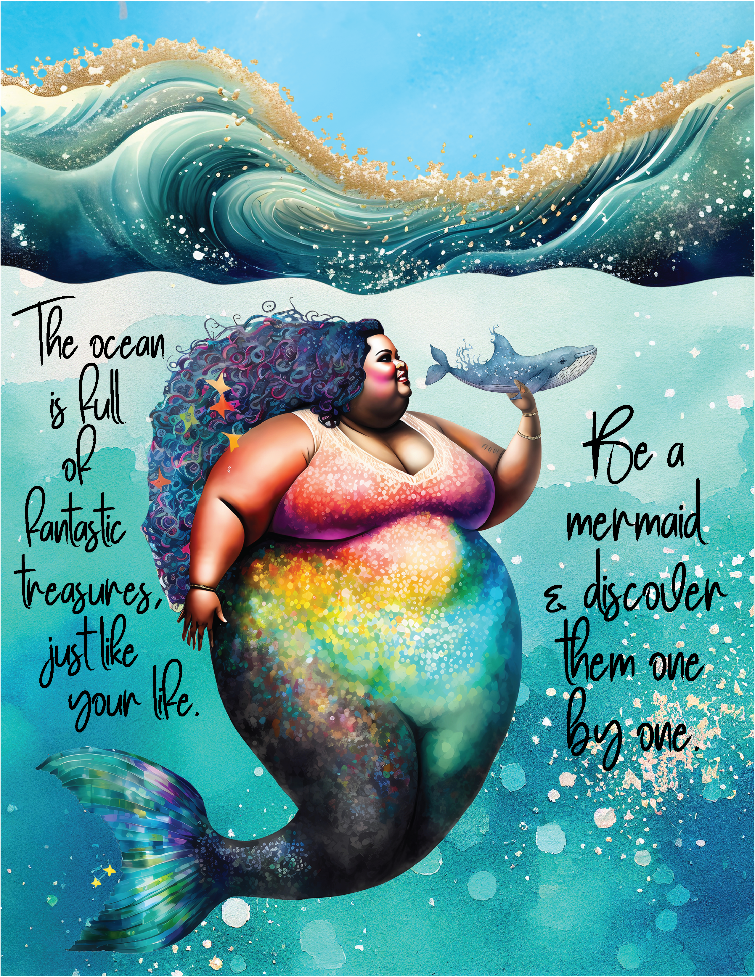 Beautiful mermaid looking at a little whale - Motivational Poster