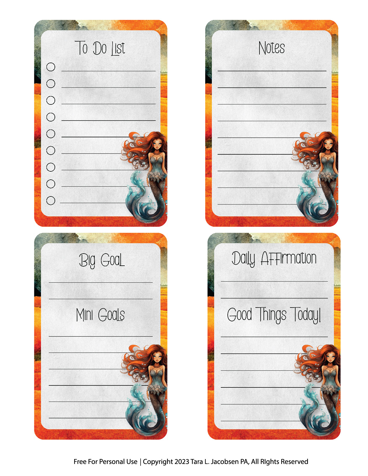 Sassy Red Headed Mermaid Planner Cards