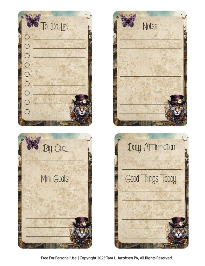 Steampunk Cat and Butterfly Planner Cards