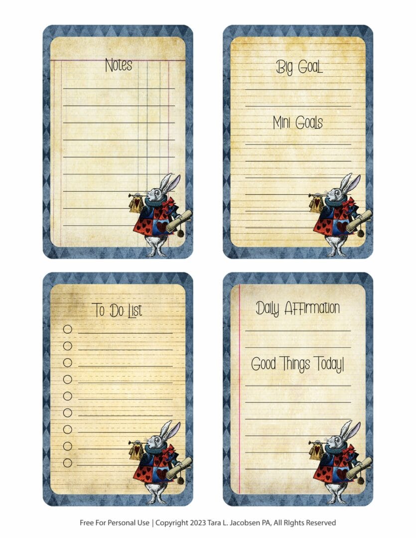 Alice In Wonderland Planner Journal Cards – Free Printable – Marketing ...