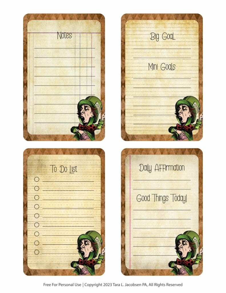 Mad Hatter Journal Cards - Free Printable