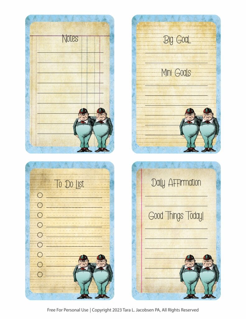 Tweedle Dee and Tweedle Dum Planner Cards - Free Printable