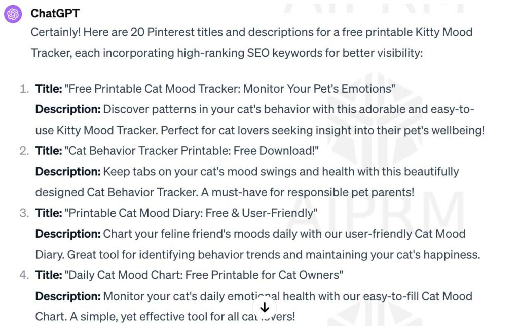 Chat GPT Pinterest Title and Description Results