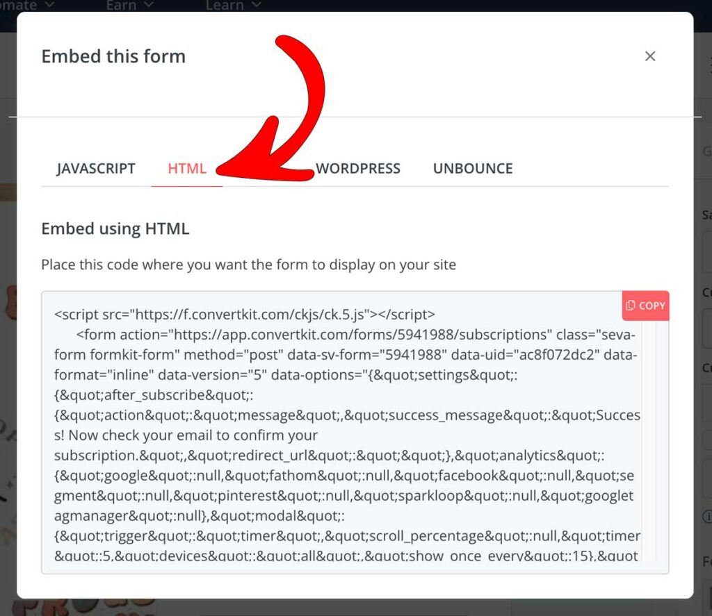 Get The HTML Code In Convertkit