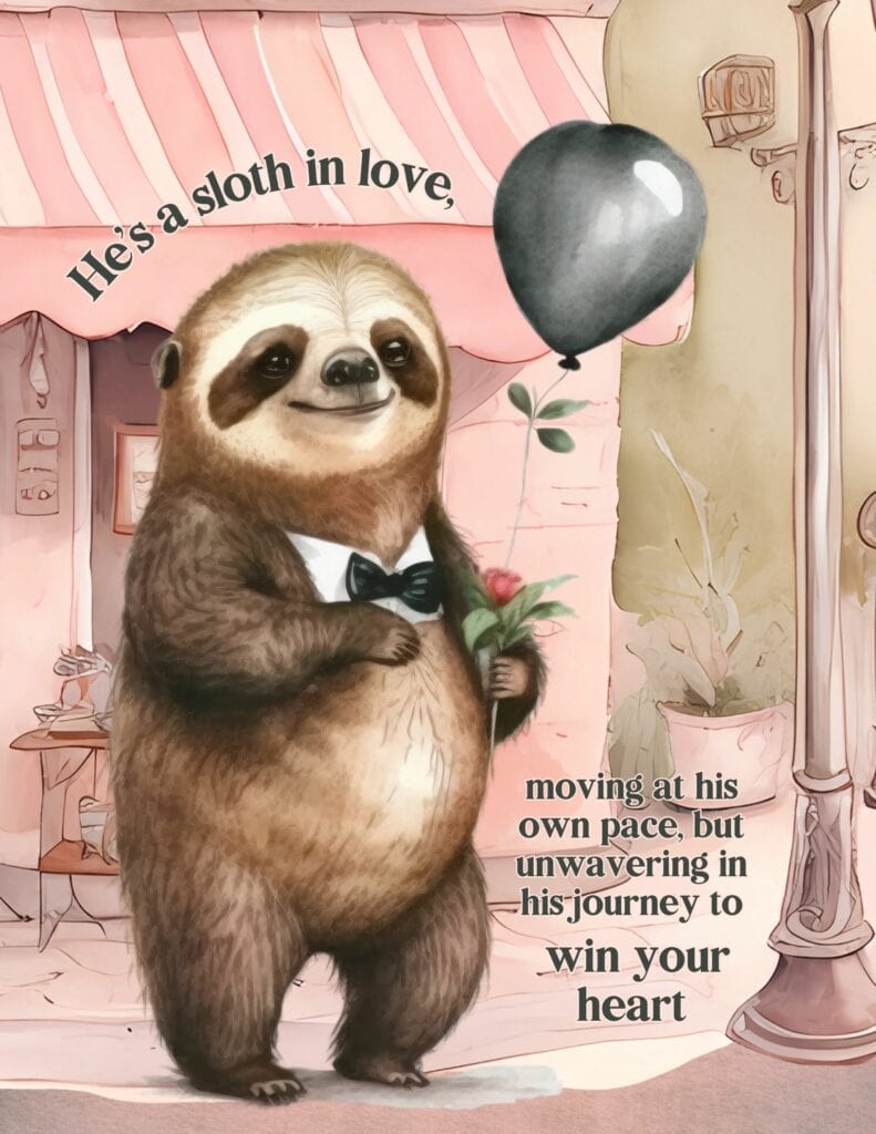 He's A Sloth In Love... moving at his own pace but unwavering in his journey to win your heart!