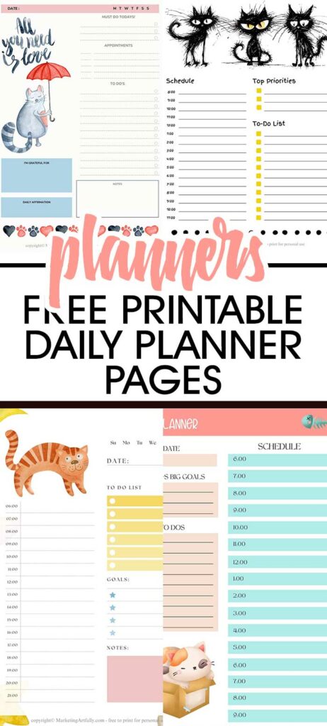 5 Printable Daily Planner Pages - Cats