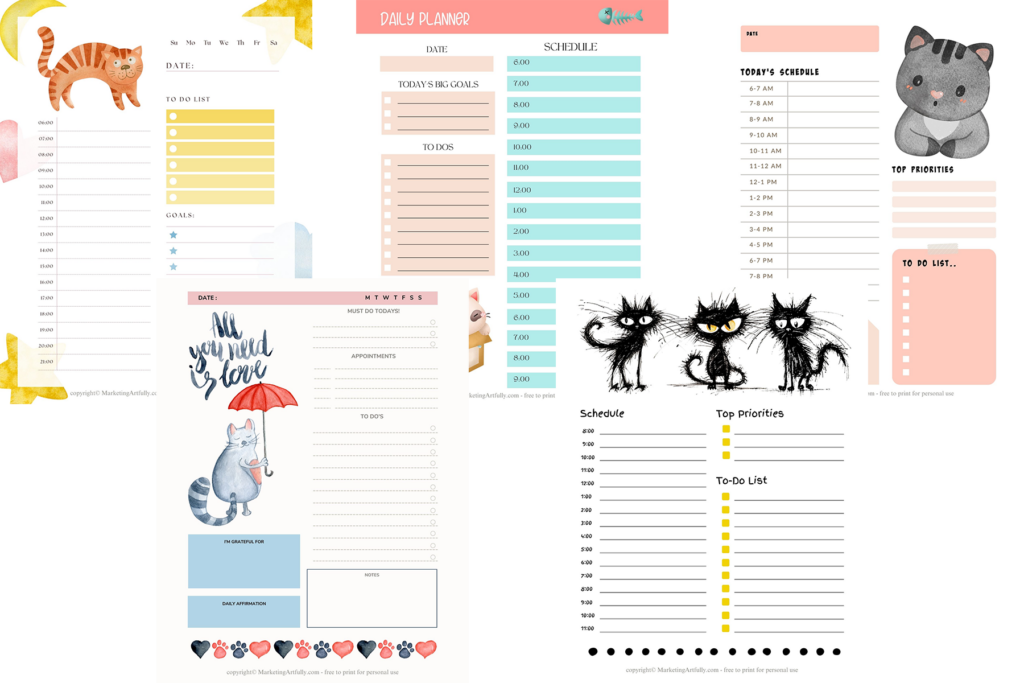 5 Printable Daily Planner Pages - Cats 
