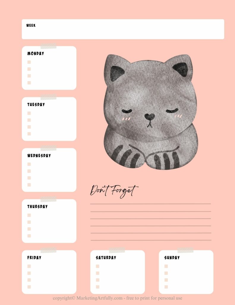 Gray Cats Weekly Planner Page - Free Printable Planner