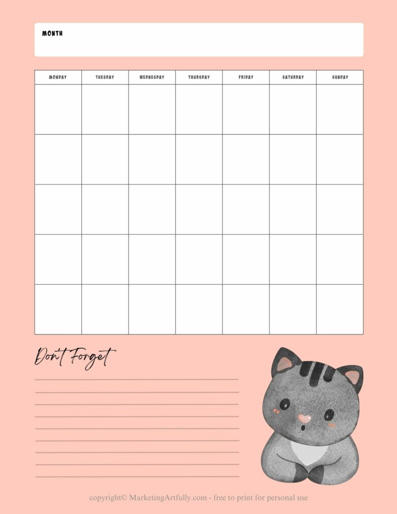 Monthly Gray Cat Printable Planner Page - Free Printable Planner