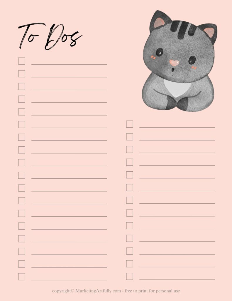 Gray Cat To Do List - Free Printable Planner Page