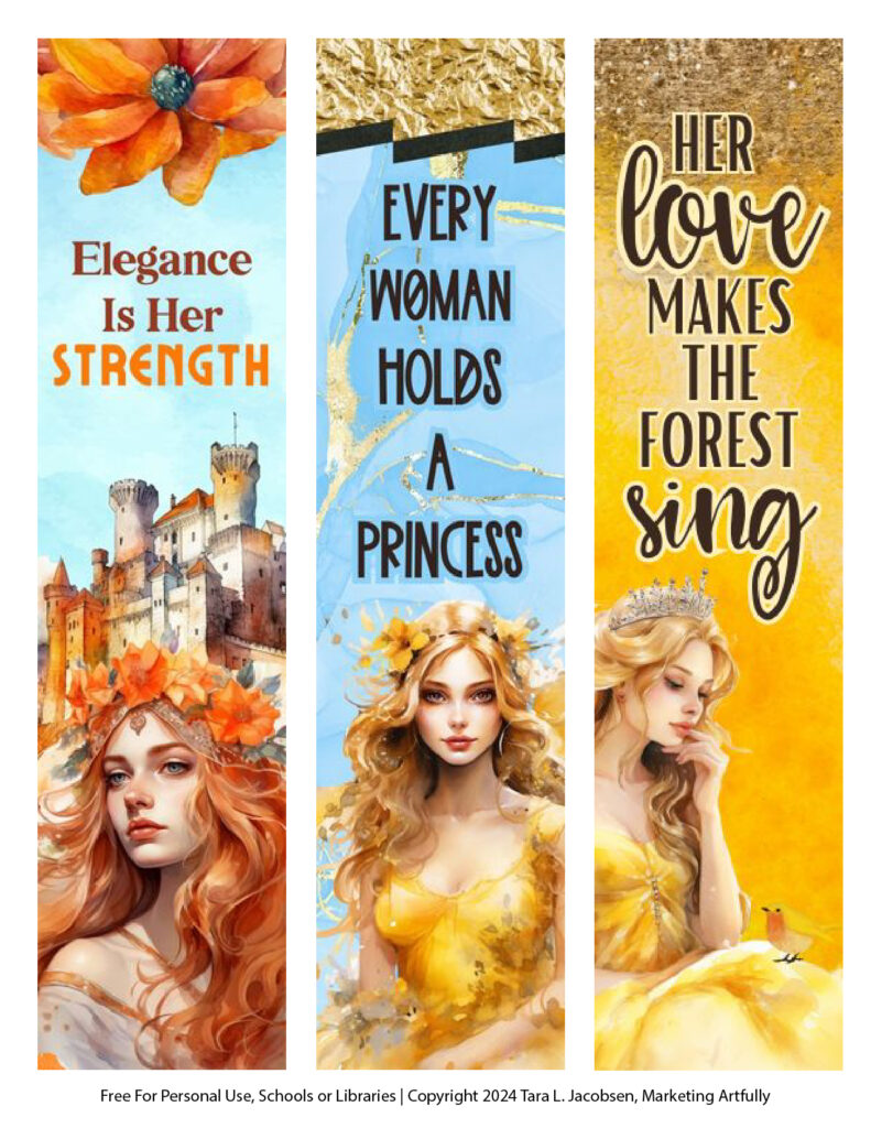 Orange and Yellow Free Printable Princess Bookmarks