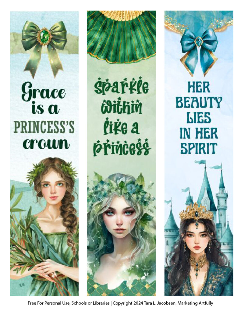 Green and Blue Free Printable Princess Bookmarks