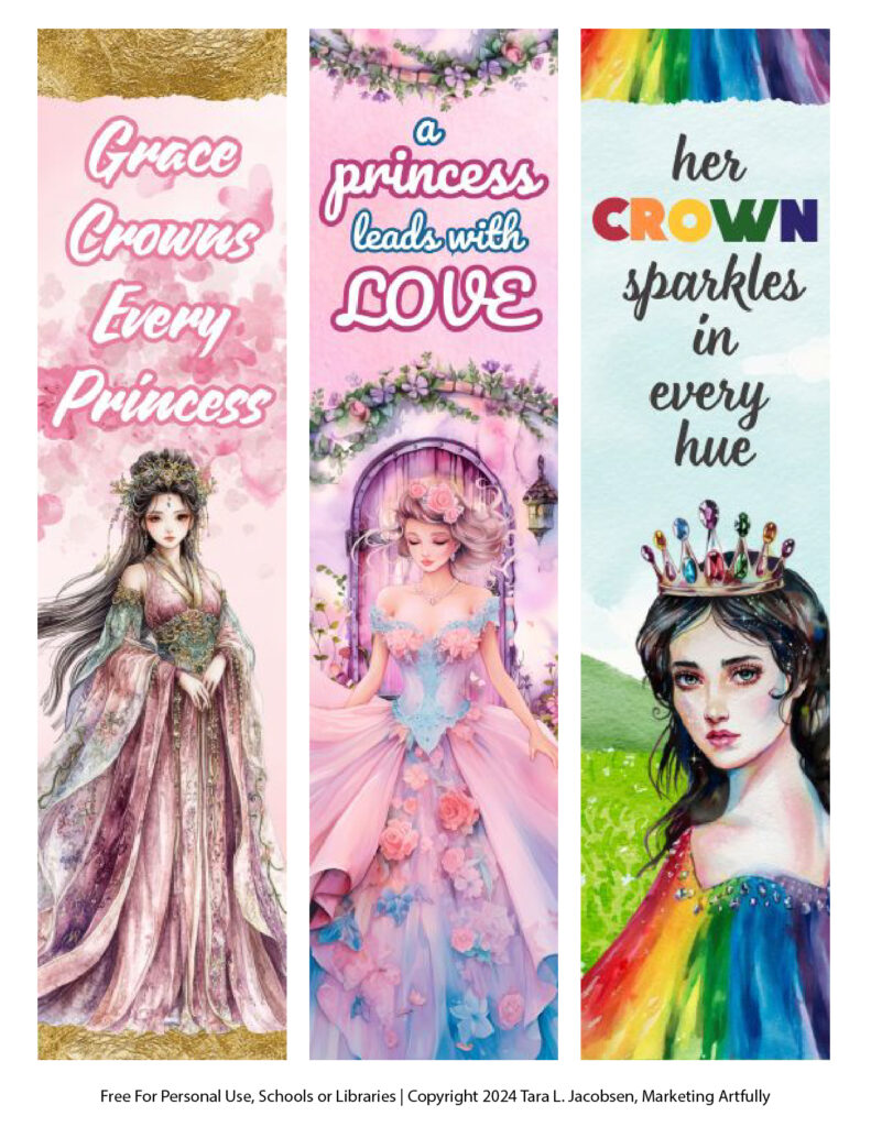 Pink and Rainbow Free Printable Princess Bookmarks