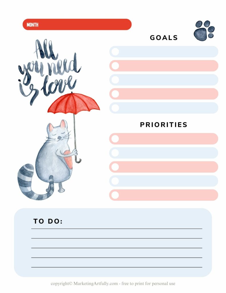 Dancing Stripes and Umbrella Dreams - Free Monthly Planner Page