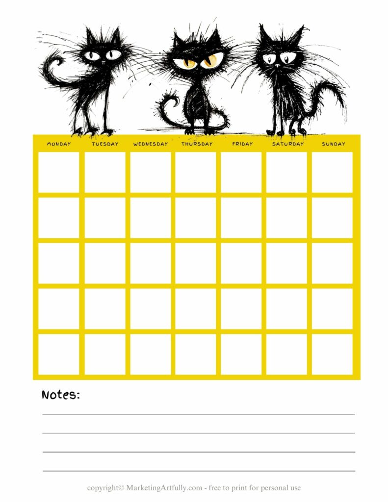 Paws of Mischief on Yellow Paths - Free Printable Monthly Planner Page