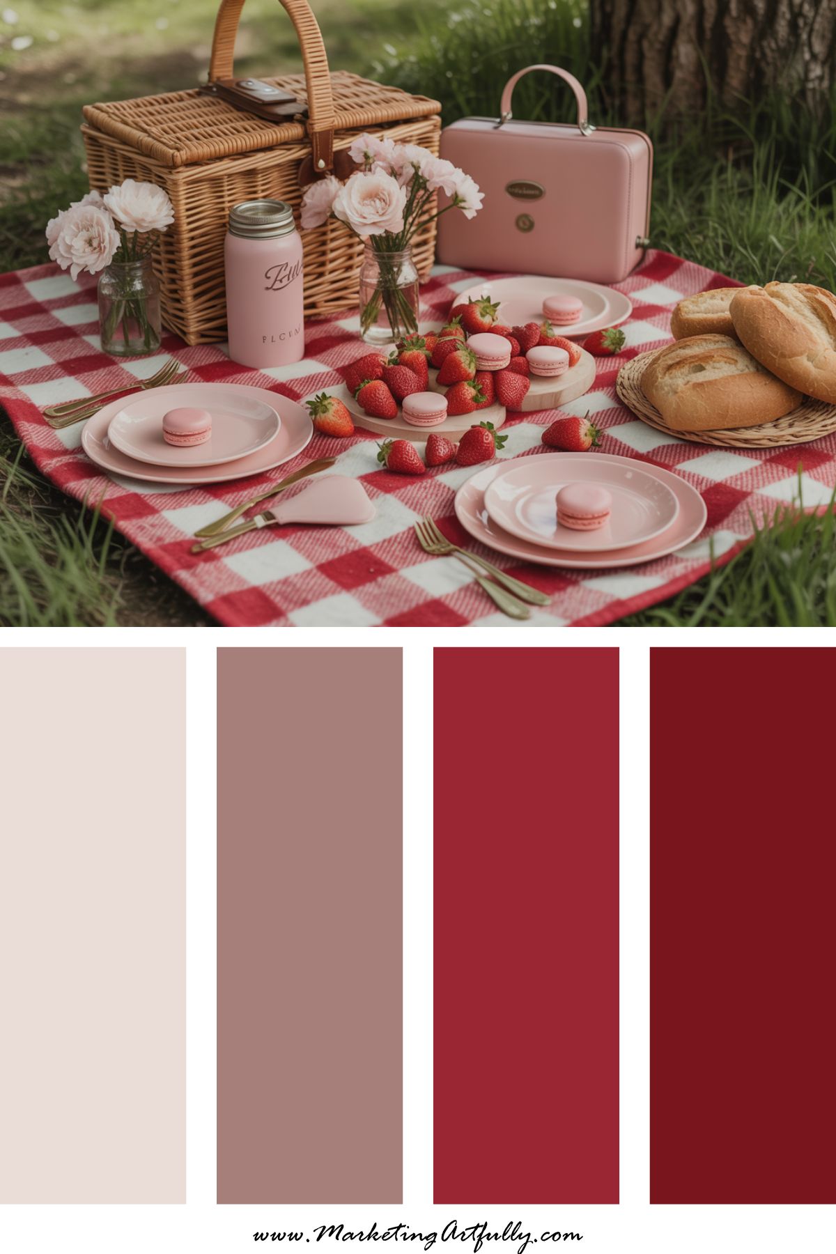 7. 🍓 Strawberry Red + Pale Pink + Soft Tan